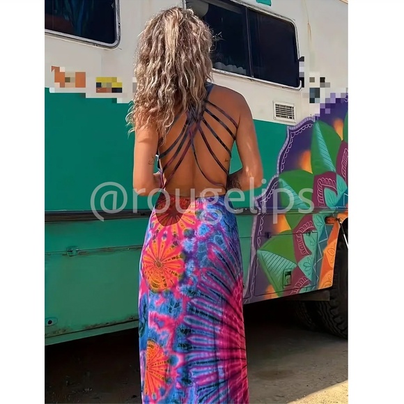 Criss Cross Open Back Tie Dye Multicolor Maxi Dress - Picture 6 of 8